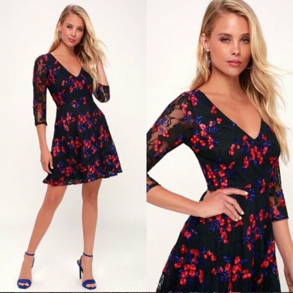 Lulus Women's Floral V-Neck Lace Skater Dress 3/4 Sleeve With Lining Multi Sz M